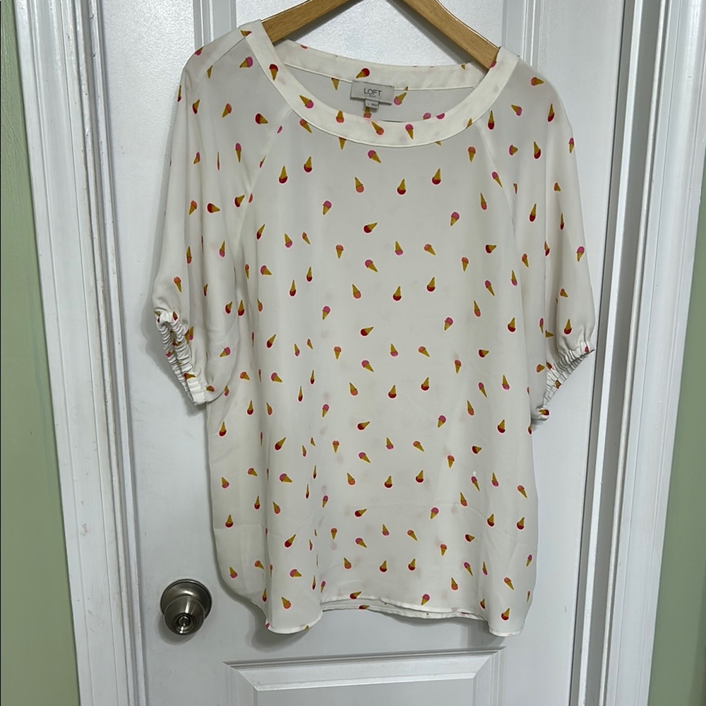 LOFT Women's White Top with pink and Orange ice cream Print